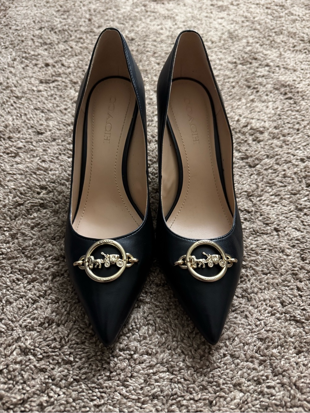 Coach Black Leather Pointed Toe Heels with Gold Signature Ring
